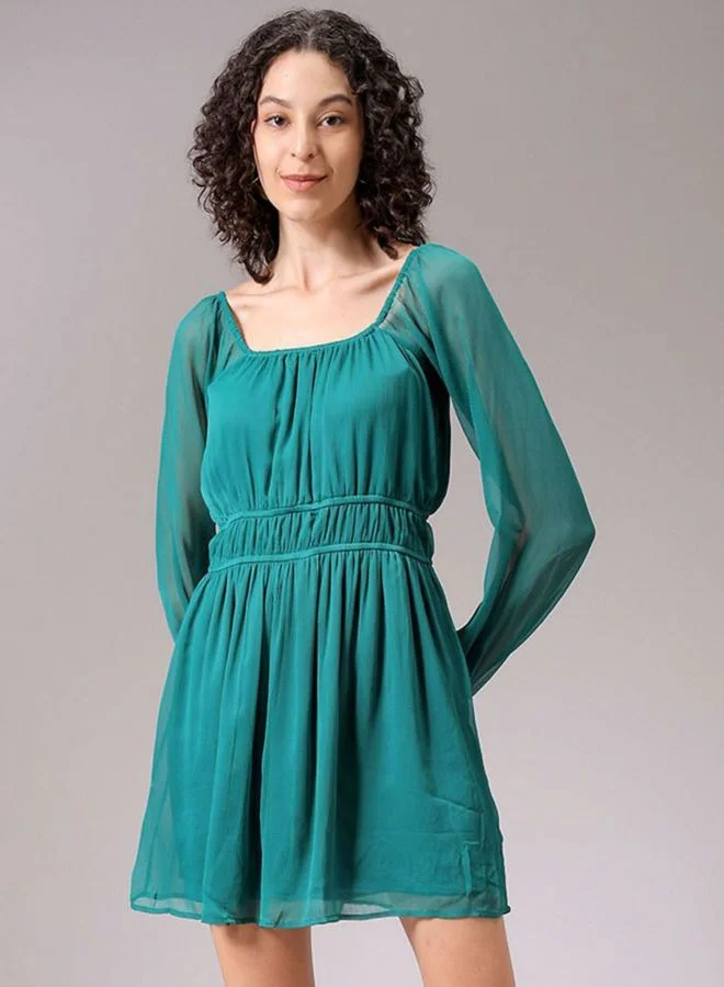 Women Fit and Flared Solid Sweetheart Neck Long Sleeve Mini Dress