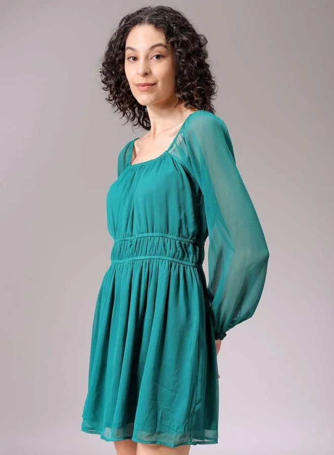 Freehand  Women Fit and Flared Solid Sweetheart Neck Long Sleeve Mini Dress for Women | Best Price UAE