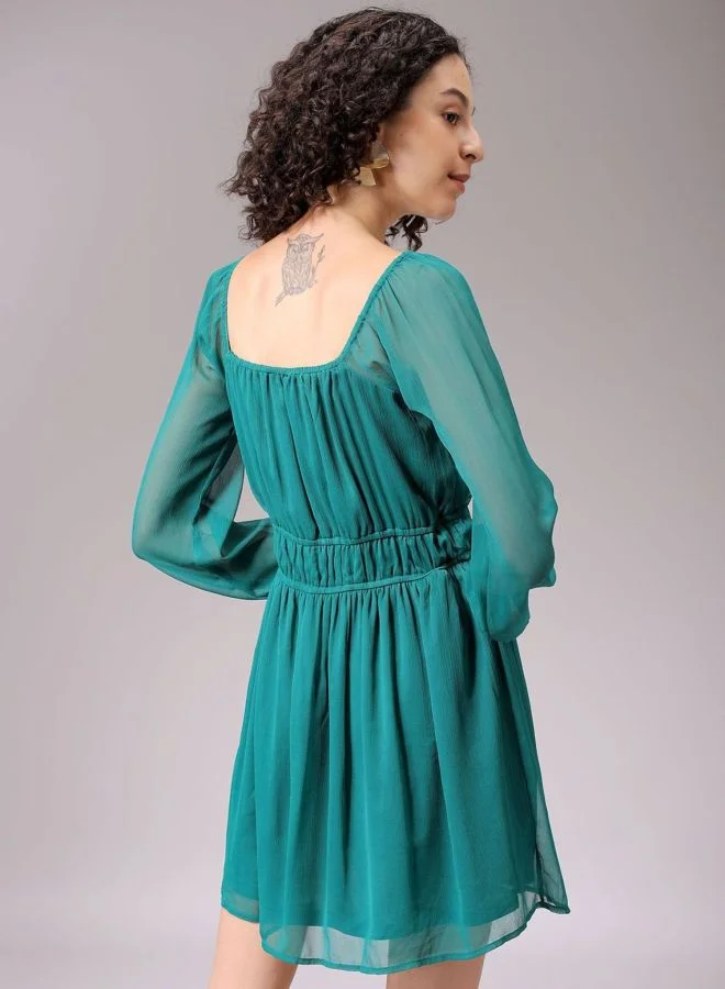 Freehand  Women Fit and Flared Solid Sweetheart Neck Long Sleeve Mini Dress for Women | Best Price UAE