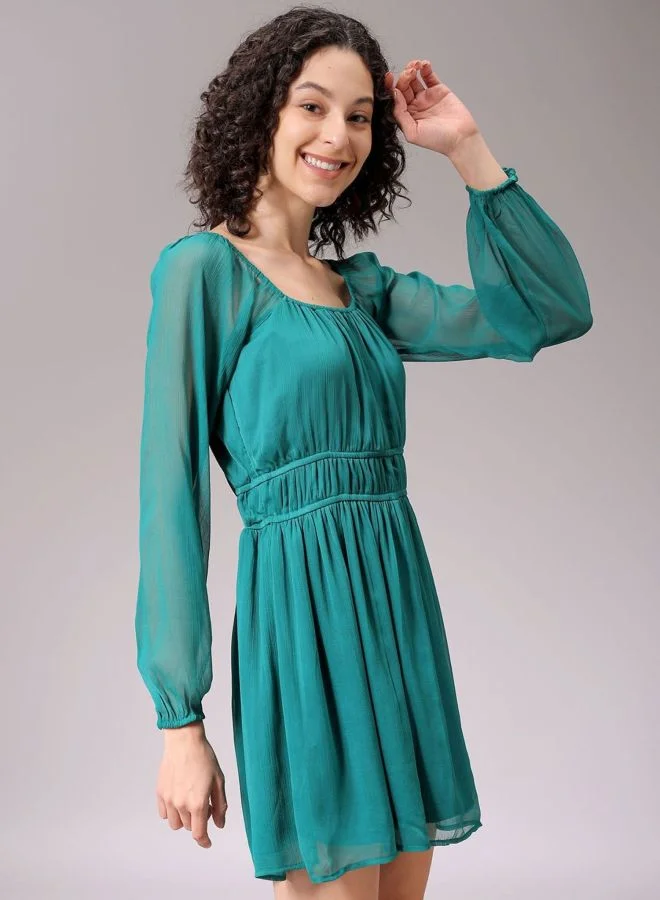 Freehand  Women Fit and Flared Solid Sweetheart Neck Long Sleeve Mini Dress for Women | Best Price UAE