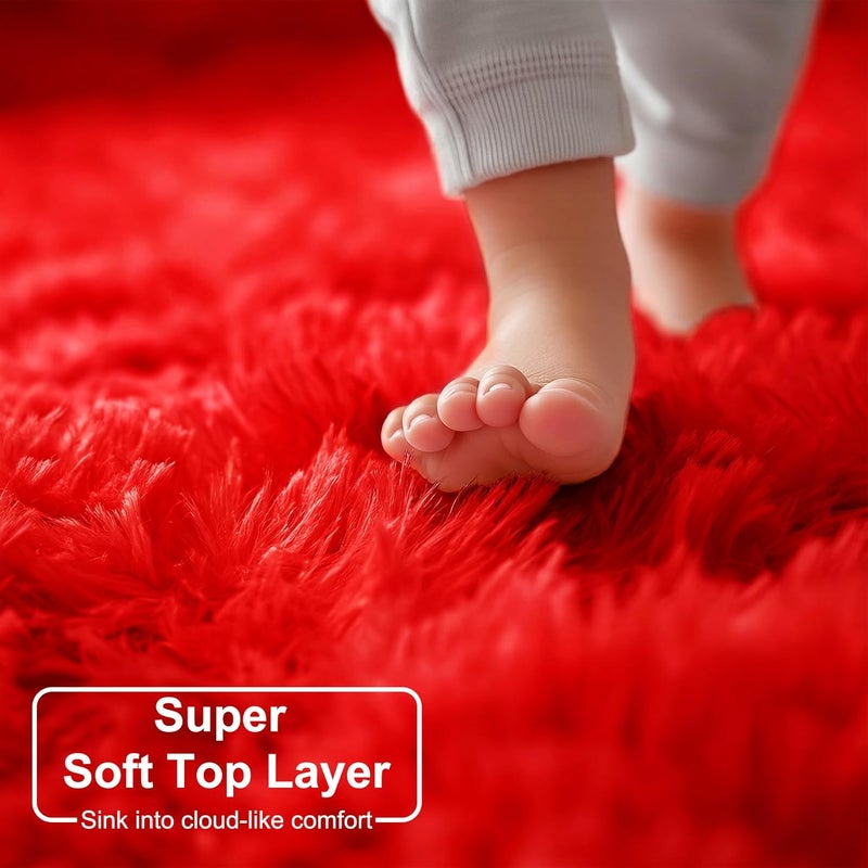 Amdrebio Red Round Rug for Bedroom,Fluffy Circle Rug 4'X4' for Kids Room,Furry Carpet for Teen Girls Room,Shaggy Circular Rug for Nursery Room,Fuzzy Plush Rug for Dorm,Red Carpet,Cute Room Decor for Baby - Image 2