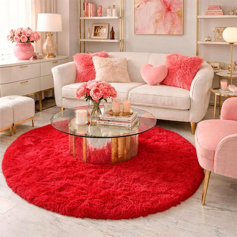 Amdrebio Red Round Rug for Bedroom,Fluffy Circle Rug 4'X4' for Kids Room,Furry Carpet for Teen Girls Room,Shaggy Circular Rug for Nursery Room,Fuzzy Plush Rug for Dorm,Red Carpet,Cute Room Decor for Baby - Image 3