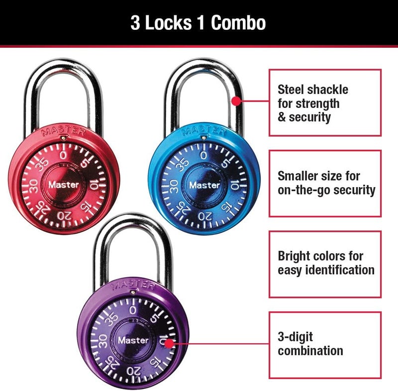 Master Lock 1533TRI Mini Combination Padlock Set, Assorted Colors - Pack of 3 - Image 2