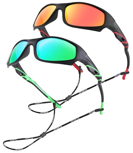 NULOOQ Kids Baseball Polarized Sunglasses – Unbreakable Flexible Youth Sports Sunglasses for Boys Girls Age 4-12 (Black/Green + Black/Red) - 2 Pack - Image 1