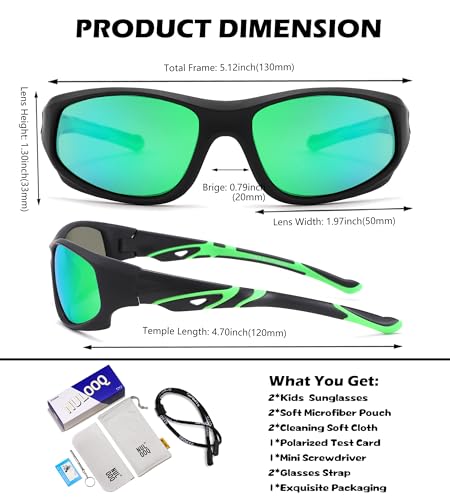 NULOOQ Kids Baseball Polarized Sunglasses – Unbreakable Flexible Youth Sports Sunglasses for Boys Girls Age 4-12 (Black/Green + Black/Red) - 2 Pack - Image 3