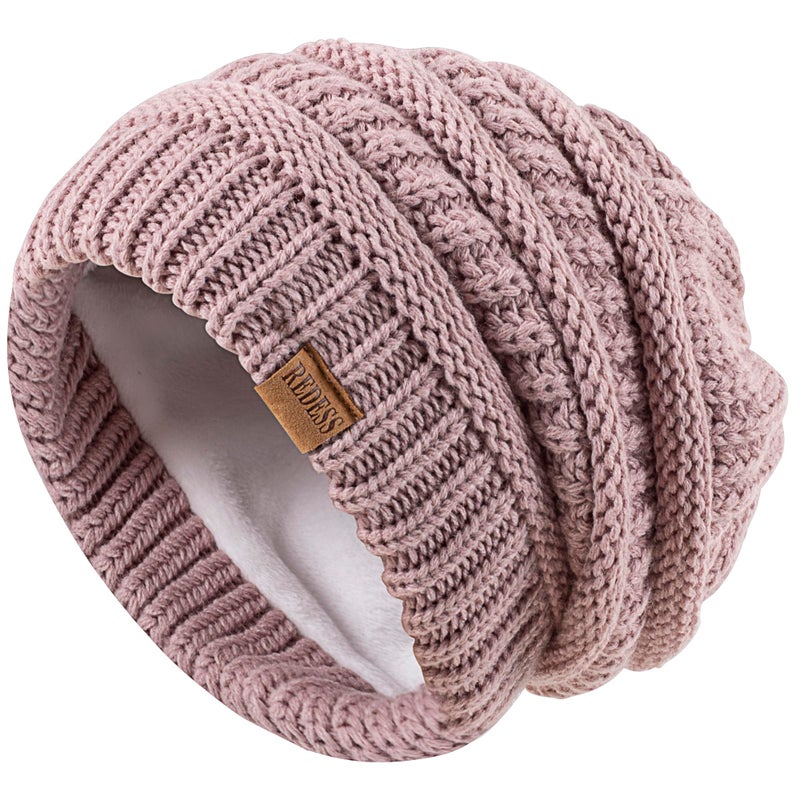REDESS Slouchy Beanie Hat for Men and Women Winter Warm Chunky Soft Oversized Cable Knit Cap Light Pink - Image 3