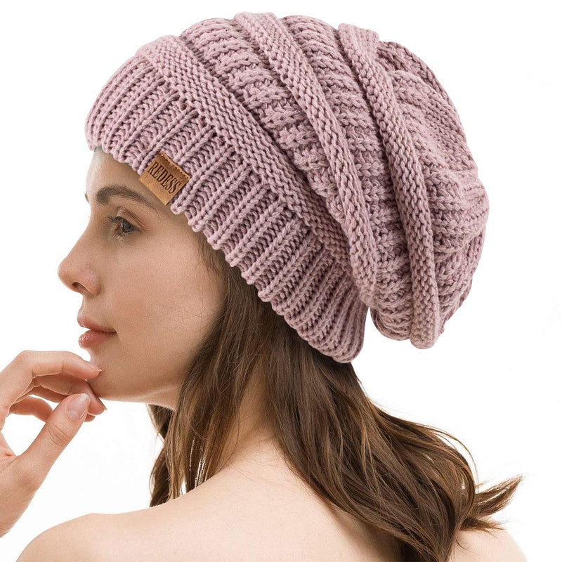 REDESS Slouchy Beanie Hat for Men and Women Winter Warm Chunky Soft Oversized Cable Knit Cap Light Pink - Image 1