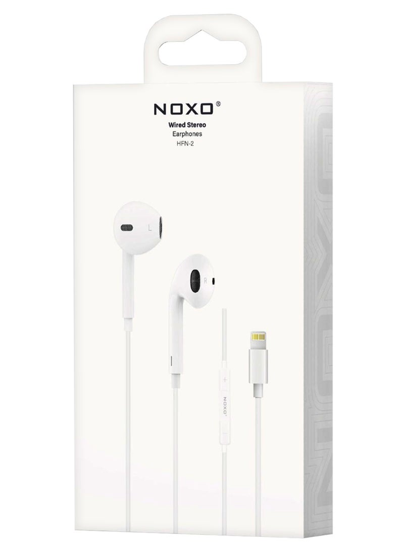 NOXO Wired Stereo Earphones HFN-2 Lightning – Premium Sound with Built-in Mic & Controls - White - Image 3