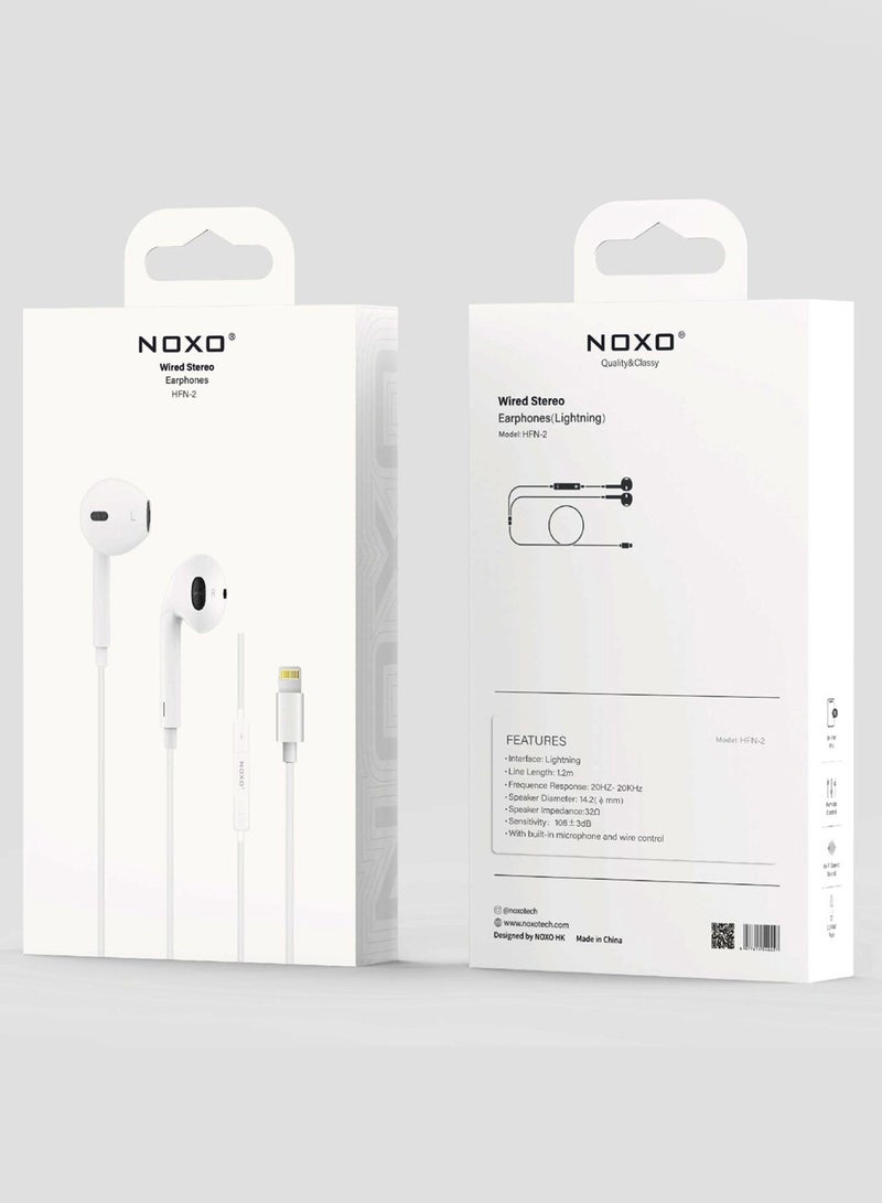 NOXO Wired Stereo Earphones HFN-2 Lightning – Premium Sound with Built-in Mic & Controls - White - Image 4