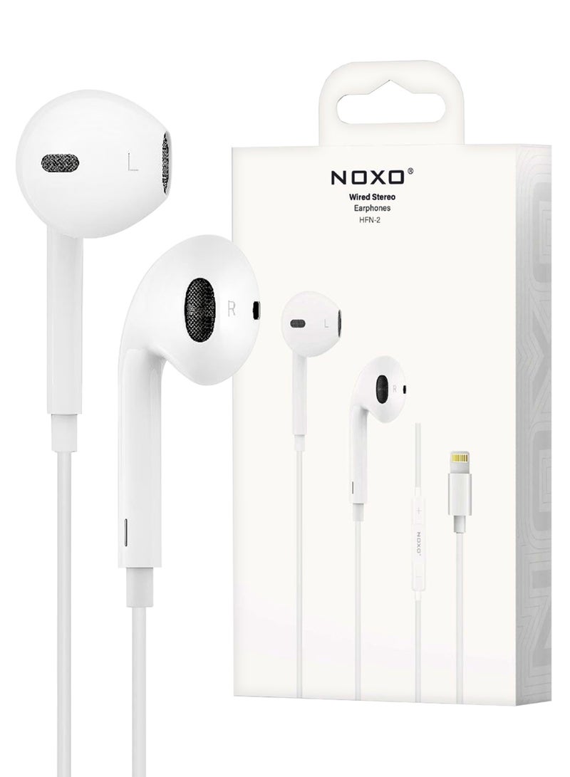 NOXO Wired Stereo Earphones HFN-2 Lightning – Premium Sound with Built-in Mic & Controls - White - Image 1