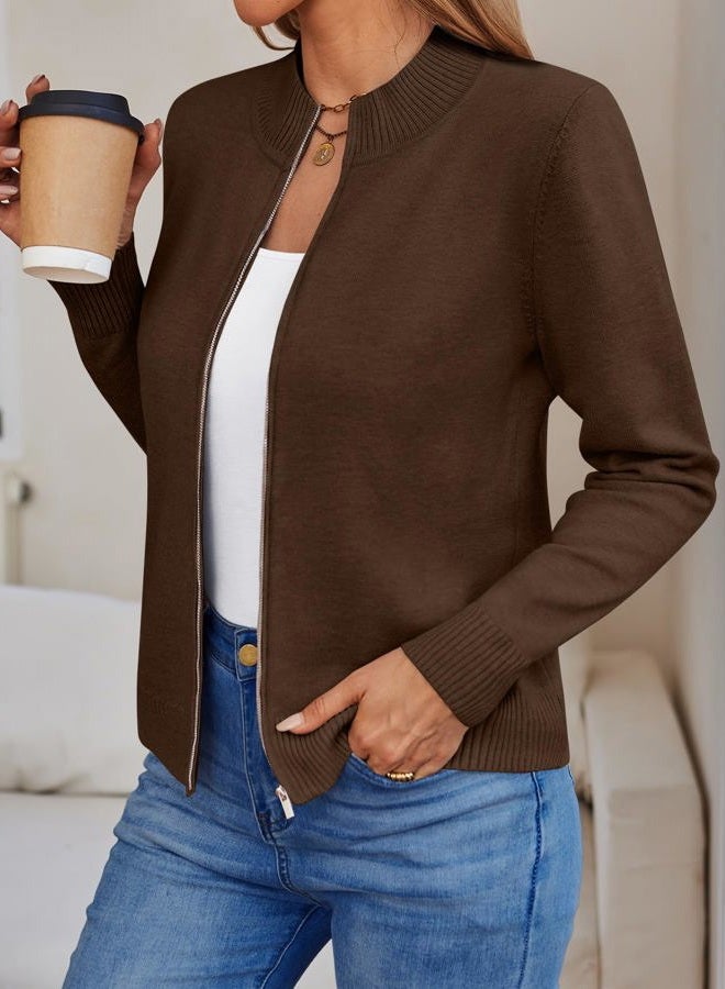 LILLUSORY Womens Zip Up Cardigan Sweaters Crew Neck Trendy Jackets Long Sleeve Outfits Fall Fashion 2025 Winter Clothing, Chocolate Brown, L - Image 3