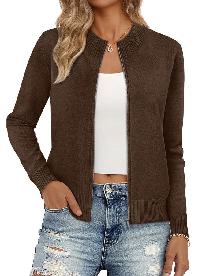 LILLUSORY Womens Zip Up Cardigan Sweaters Crew Neck Trendy Jackets Long Sleeve Outfits Fall Fashion 2025 Winter Clothing, Chocolate Brown, L - Image 1