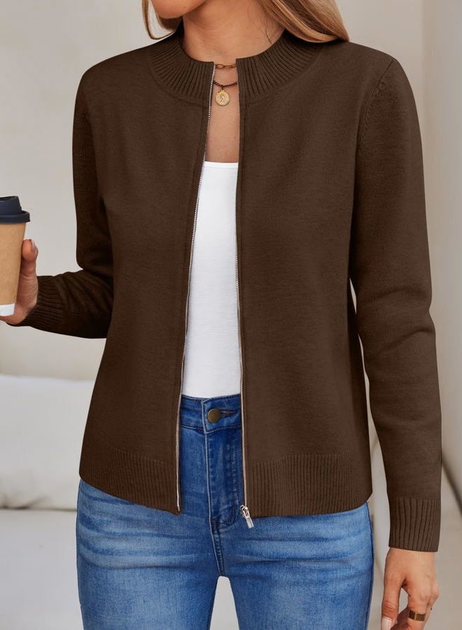LILLUSORY Womens Zip Up Cardigan Sweaters Crew Neck Trendy Jackets Long Sleeve Outfits Fall Fashion 2025 Winter Clothing, Chocolate Brown, L - Image 2