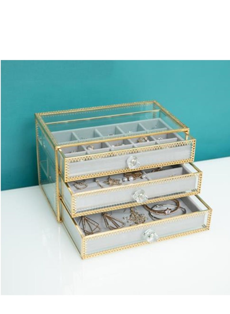 Golden Vintage Clear Glass Jewelry Box Organizer 3 Drawers Makeup Organizer Cosmetic Jewelry Storage Display Case for Bathroom Countertop Bedroom Dresser Golden - Image 1