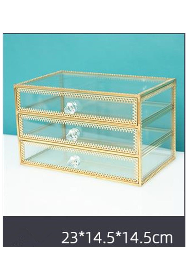Golden Vintage Clear Glass Jewelry Box Organizer 3 Drawers Makeup Organizer Cosmetic Jewelry Storage Display Case for Bathroom Countertop Bedroom Dresser Golden - Image 2
