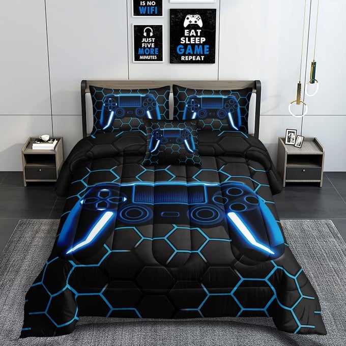 6 PIECES GAMING BEDDING SET FOR BOYS GAMER COMFORTER SET FULL SIZEGAME CONTROLLER COMFORTER FOR BOYS KIDS TEEN 3D GAMEPAD MICROFIBER BEDDING SETS 6 PIECES BED IN A BAG SETSH50022FULL