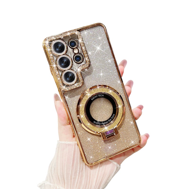 WATACHE Designed for Samsung Galaxy S26 Ultra Case Clear Glitter with Kickstand & Camera Lens Protector,Cute Bling Sparkly Diamond Rhinestones Shockproof Protective Cover Case for Women Girls(Gold) - Image 1