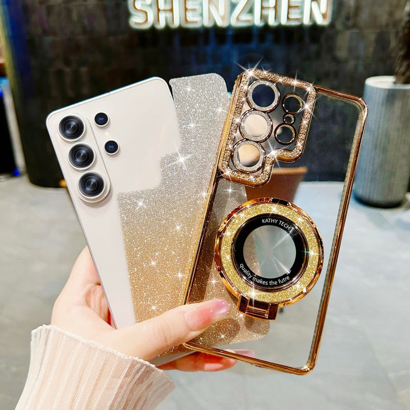WATACHE Designed for Samsung Galaxy S26 Ultra Case Clear Glitter with Kickstand & Camera Lens Protector,Cute Bling Sparkly Diamond Rhinestones Shockproof Protective Cover Case for Women Girls(Gold) - Image 2