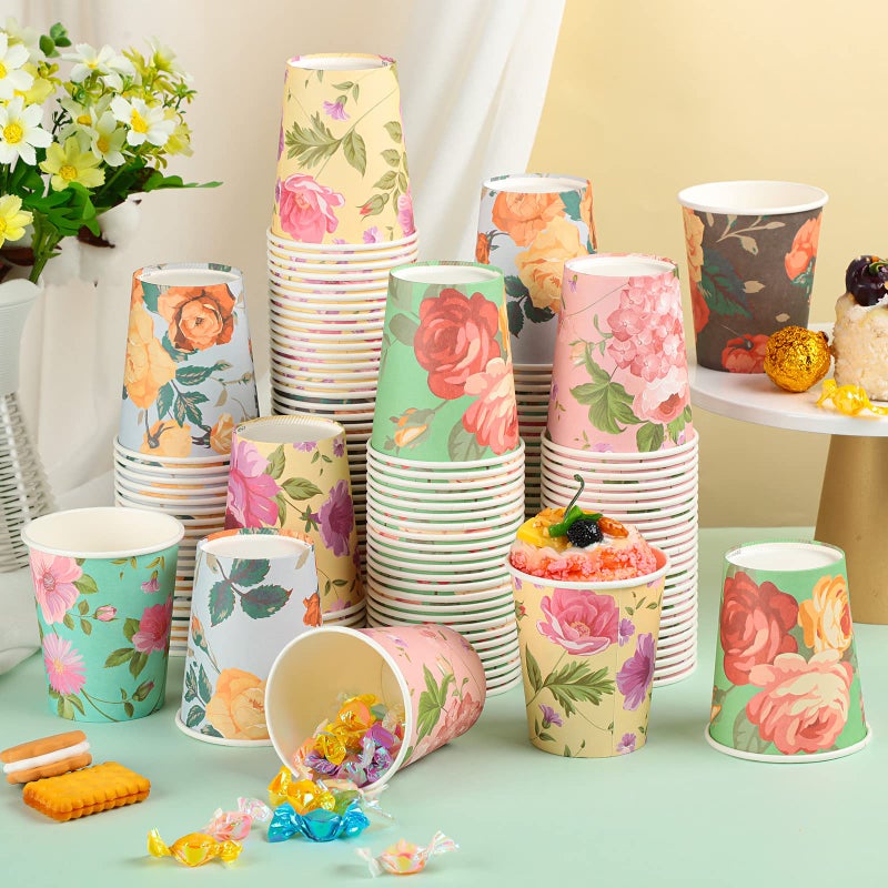 Patelai 150 Pcs Floral cups Coffee Paper Cups 6 Floral Design Disposable Teacups Bulk Vintage Flower Teacups for Tea Party Spring Summer Birthday Easter Bridal Wedding Baby Shower9 oz