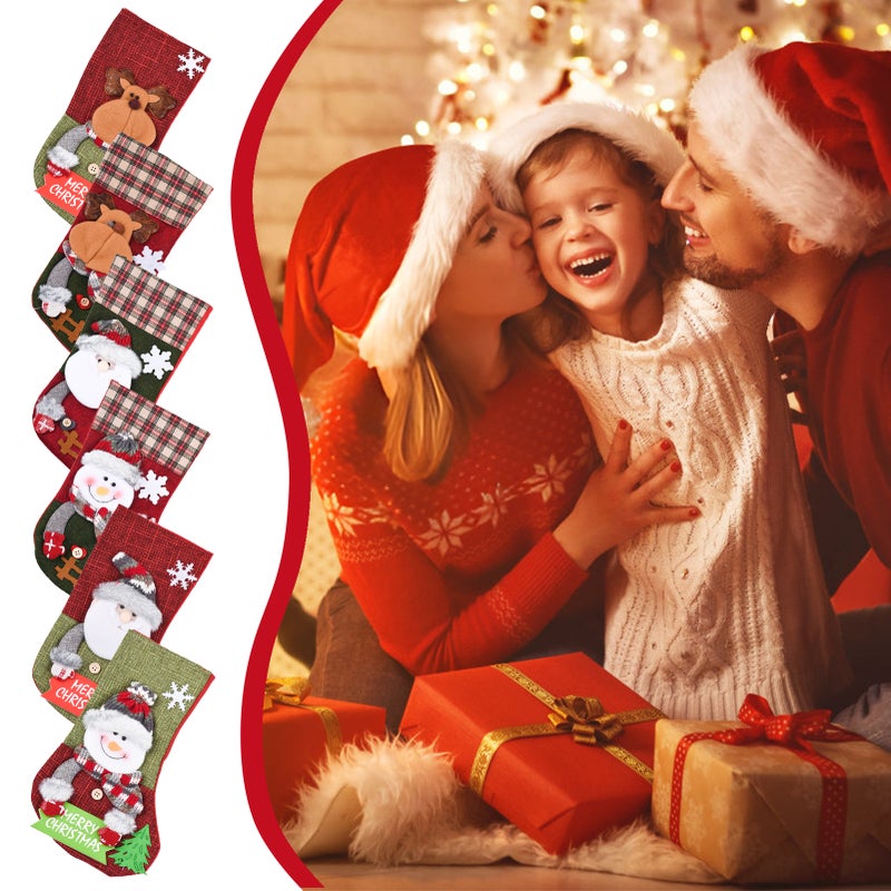 Set of 6 Christmas Stockings Cute Color Block Santa Claus Snowman Deer Gift Bag Stockings Large Knitted Cotton Xmas Stocking for Kids Home Fireplace Christmas Holiday Party Decoration - Image 3
