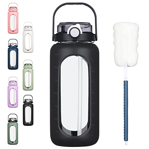 BLUEGO BLUEGO 64oz Glass Water Bottles with Straw Time Marker Half Gallon Large Motivational Water Bottle with Silicone Sleeve 2 Liter Large Glass Water Jug Daily Black