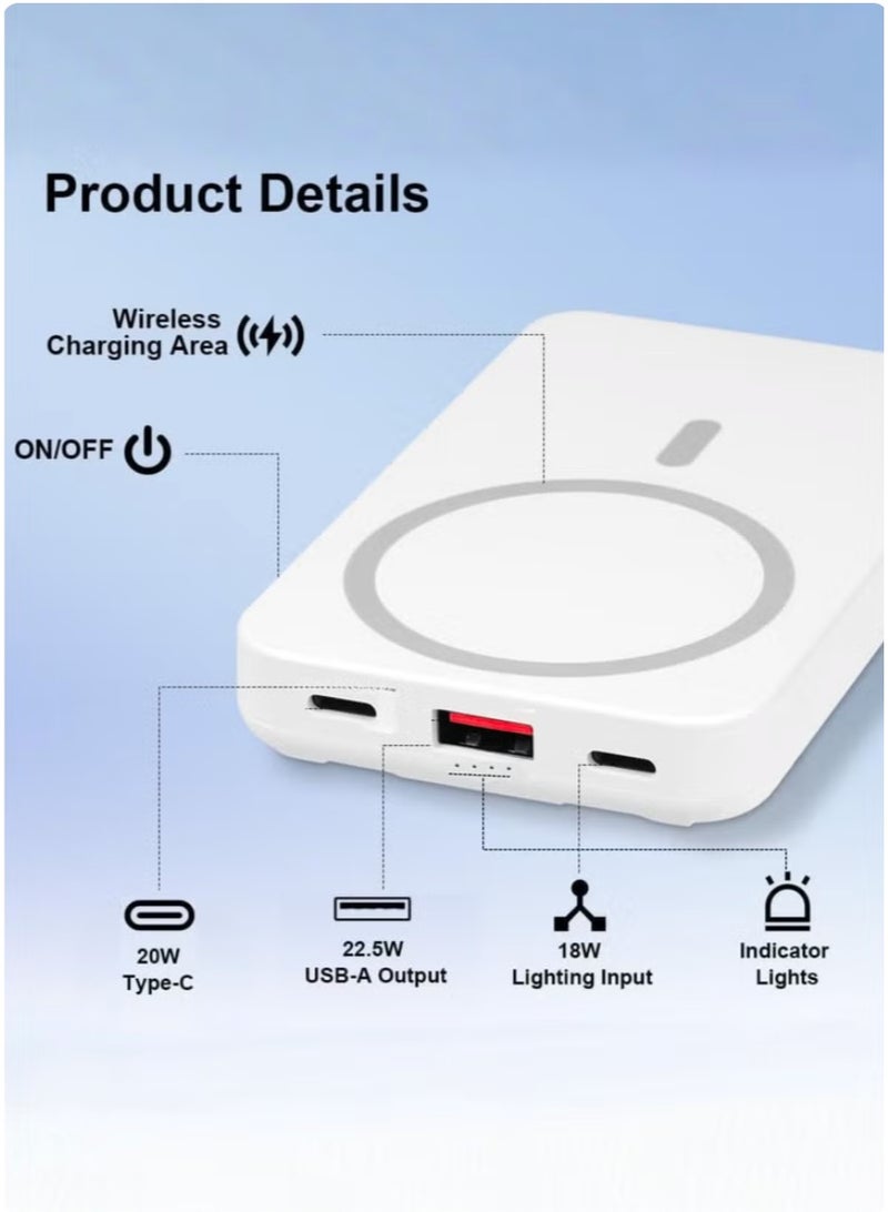 LEVINO MagSafe 10000mAh Power Bank with 22.5W PD Fast Charging & 15W Wireless Charger, Built-in Cables, Foldable Stand, White - Image 3