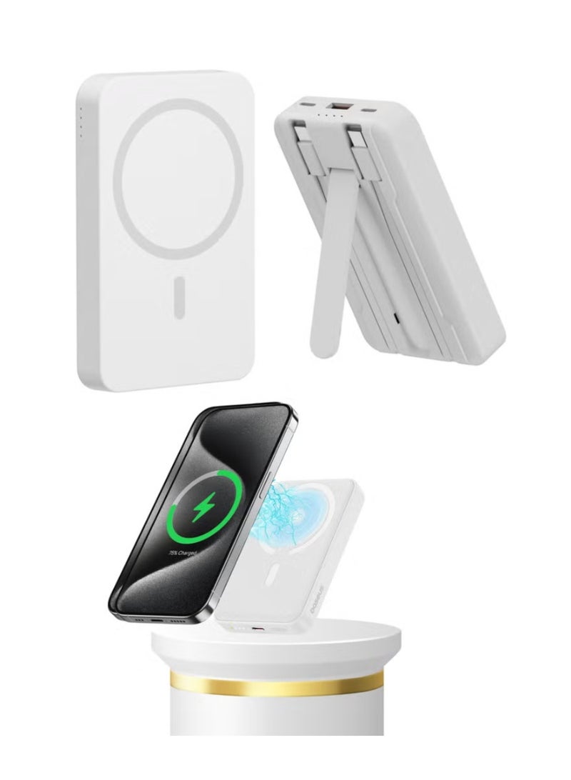 LEVINO MagSafe 10000mAh Power Bank with 22.5W PD Fast Charging & 15W Wireless Charger, Built-in Cables, Foldable Stand, White - Image 1