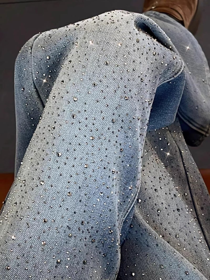 Women's Rhinestone High-Waist Loose Wide-Leg Jeans