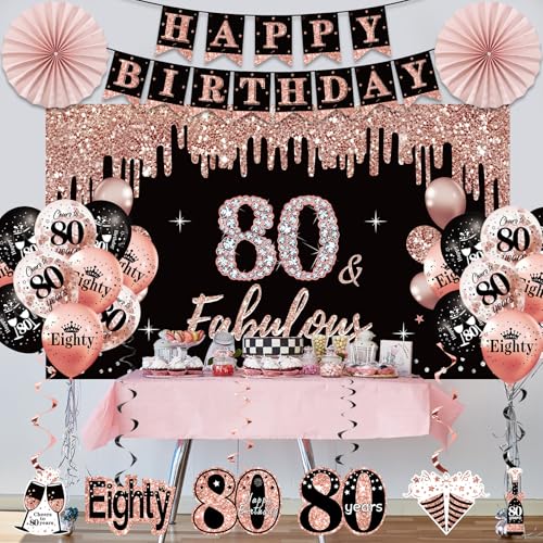 Uiorgui 80th Birthday Decorations for Women, 33pcs 80th Birthday Crown and Sash, Black Rose Gold Happy 80th Birthday Banner Balloons Backdrop Hanging Swirls Paper Fans, 80 Years Old Birthday Decorations Kit - Image 5