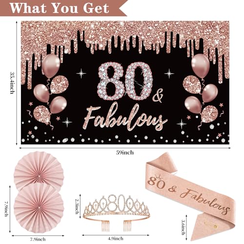 Uiorgui 80th Birthday Decorations for Women, 33pcs 80th Birthday Crown and Sash, Black Rose Gold Happy 80th Birthday Banner Balloons Backdrop Hanging Swirls Paper Fans, 80 Years Old Birthday Decorations Kit - Image 3