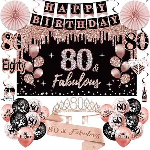 Uiorgui 80th Birthday Decorations for Women, 33pcs 80th Birthday Crown and Sash, Black Rose Gold Happy 80th Birthday Banner Balloons Backdrop Hanging Swirls Paper Fans, 80 Years Old Birthday Decorations Kit - Image 1