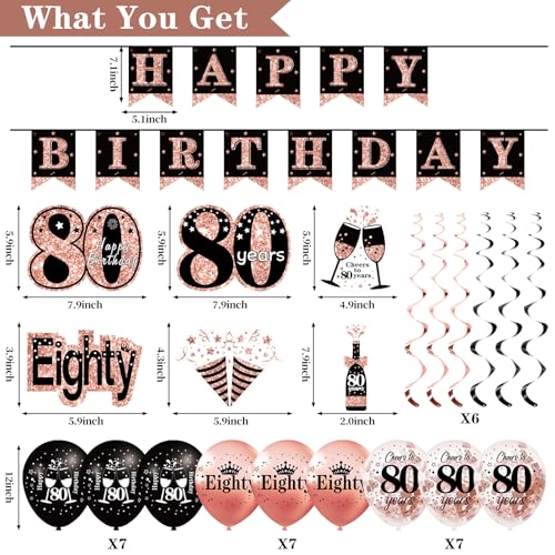 Uiorgui 80th Birthday Decorations for Women, 33pcs 80th Birthday Crown and Sash, Black Rose Gold Happy 80th Birthday Banner Balloons Backdrop Hanging Swirls Paper Fans, 80 Years Old Birthday Decorations Kit - Image 2