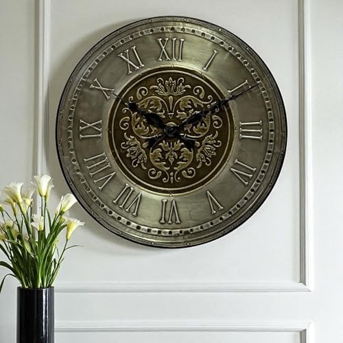 Vintage Clock Vintage Handicraft Decorative Wooden German Silver Brass Inlay Artware/Handcrafted Fleur De Lis Design Wall Art Clock/VC-8010-W12 - Image 1