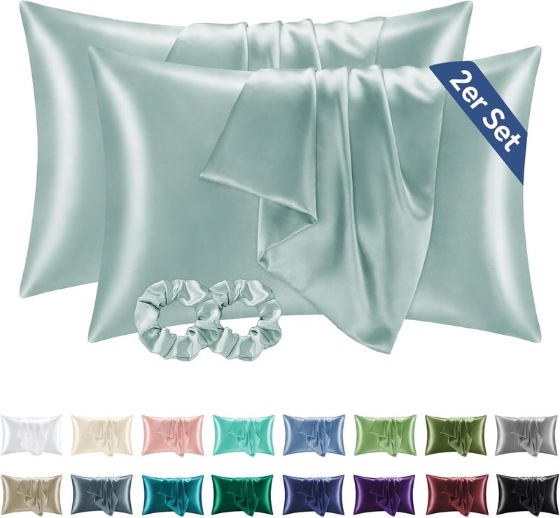 BEDELITE Satin Cushion Cover Set of 2 40 x 60 cm Haze Blue | Silk Pillowcase Alternative, Soft for Summer, 2 Hair Bobbles Included, for Hair and Skin - Image 1