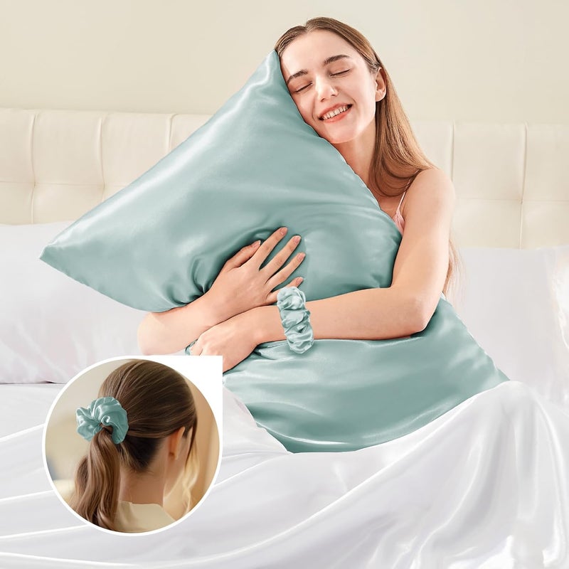 BEDELITE Satin Cushion Cover Set of 2 40 x 60 cm Haze Blue | Silk Pillowcase Alternative, Soft for Summer, 2 Hair Bobbles Included, for Hair and Skin - Image 5