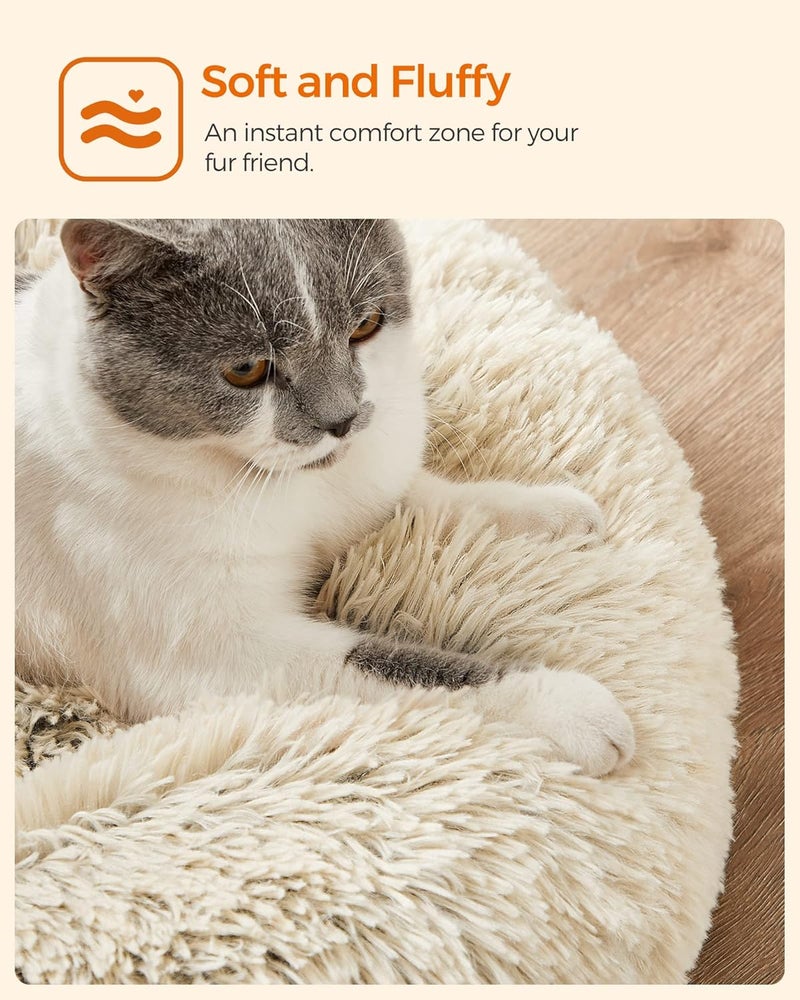 FEANDREA Dog Bed, Donut Cat Bed, Fluffy Calming Pet Bed with Removable, Washable Cover, Soft Long Plush, 60 cm, Khaki - Image 4
