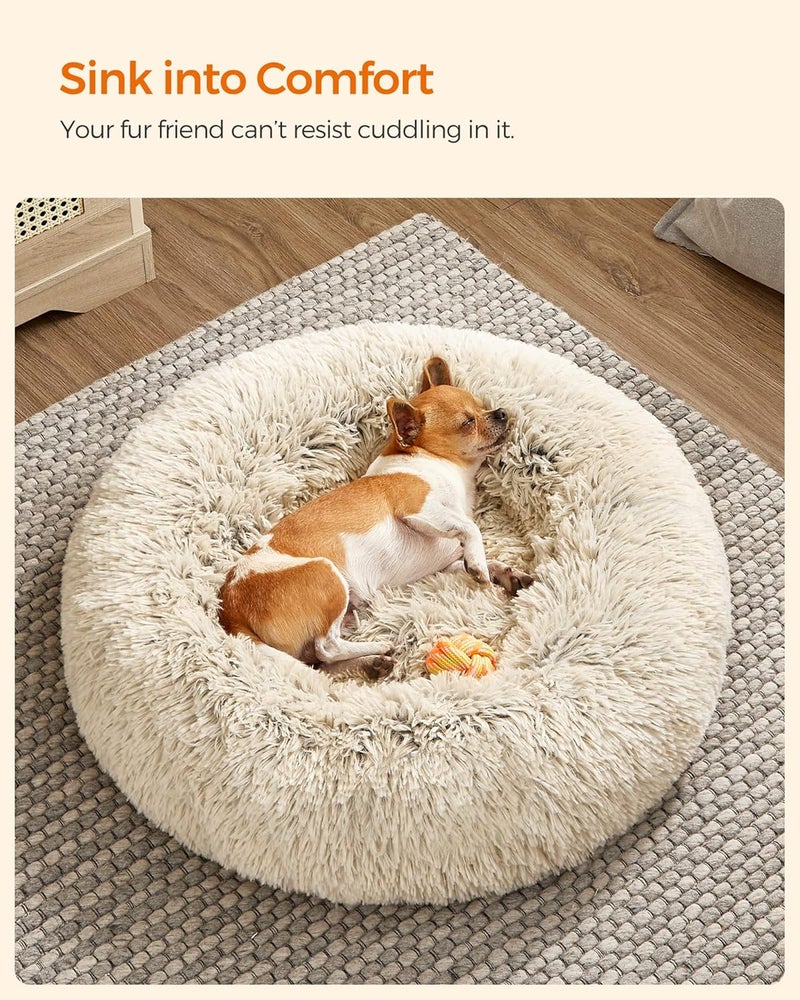FEANDREA Dog Bed, Donut Cat Bed, Fluffy Calming Pet Bed with Removable, Washable Cover, Soft Long Plush, 60 cm, Khaki - Image 3