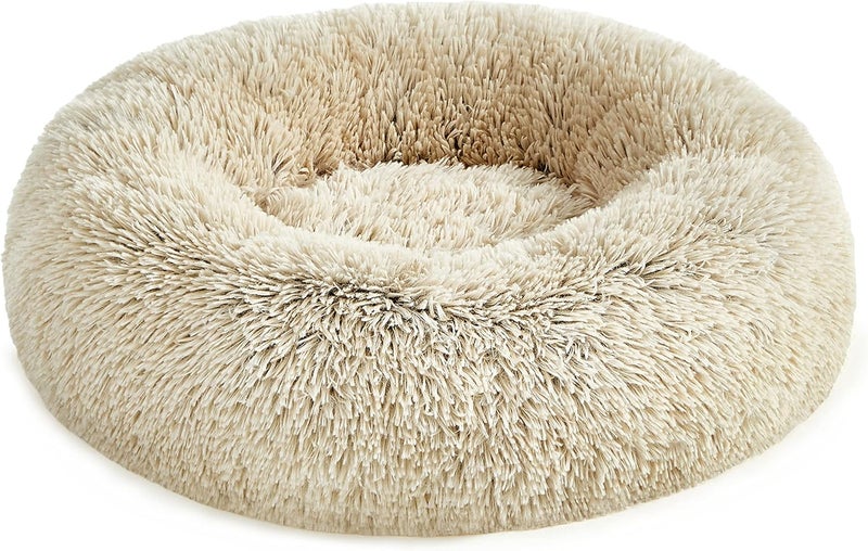 FEANDREA Dog Bed, Donut Cat Bed, Fluffy Calming Pet Bed with Removable, Washable Cover, Soft Long Plush, 60 cm, Khaki - Image 1