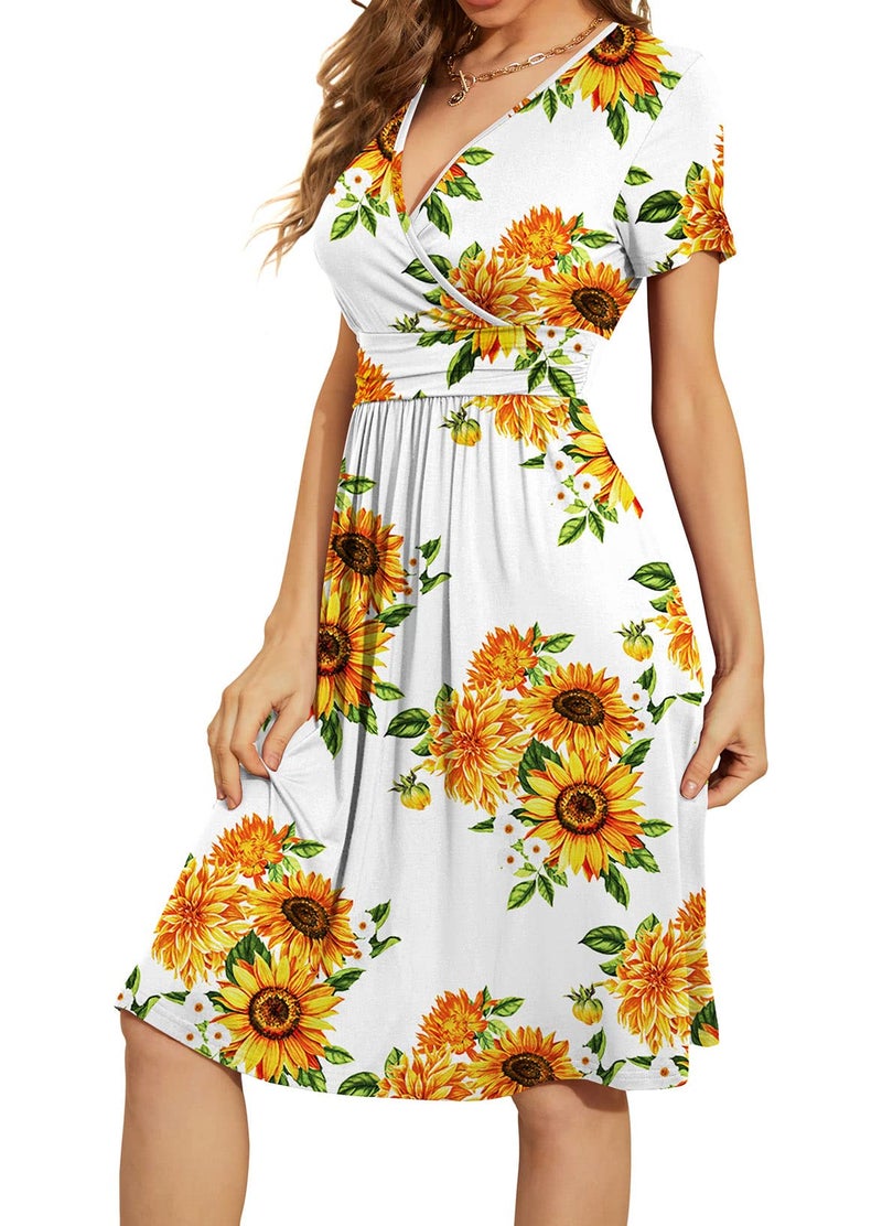 WEACZZY Summer Dress for Women Casual Short Sleeve Sundress Wrap V-Neck Party Dress with Pockets,Floral Sunflower White,XXL - Image 2