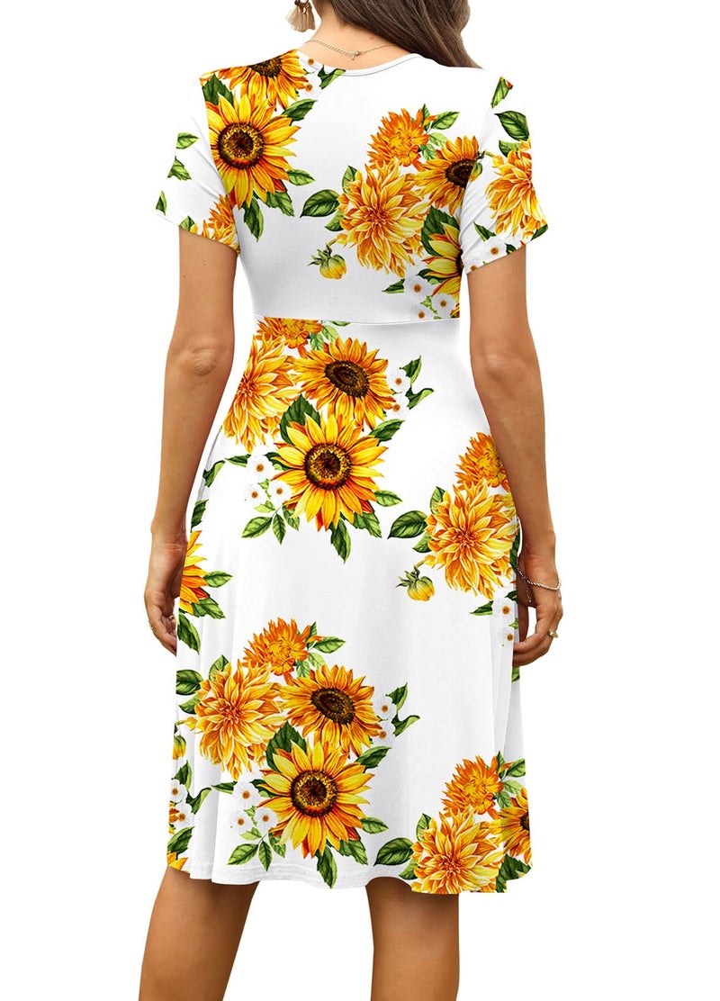 WEACZZY Summer Dress for Women Casual Short Sleeve Sundress Wrap V-Neck Party Dress with Pockets,Floral Sunflower White,XXL - Image 3