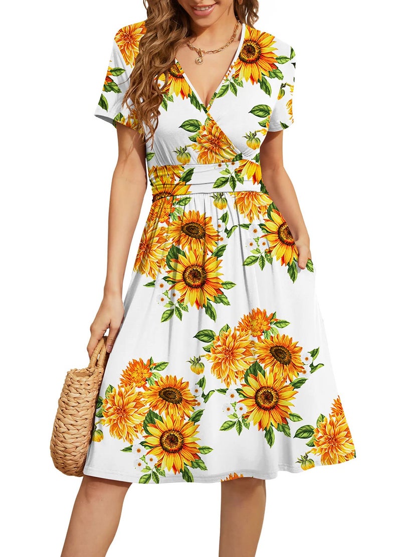 WEACZZY Summer Dress for Women Casual Short Sleeve Sundress Wrap V-Neck Party Dress with Pockets,Floral Sunflower White,XXL - Image 1