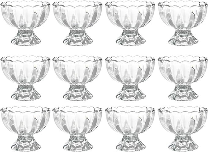 SET OF 12 GLASS DESSERT BOWLS FOOTED CUPS GLASS ICE CREAM CUPS FOR DESSERT SUNDAE ICE CREAM SALAD COCKTAIL CONDIMENT TRIFLE