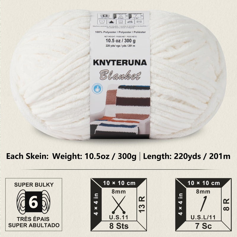 Knyteruna #6 Super Bulky Blanket Yarn for Crocheting - 4 Skeins(Each 10.5oz/300g, 220yds/201m), Chunky Chenille Thick Plush Big Soft Yarn for Crocheting Knitting Blankets, Cream - Image 2