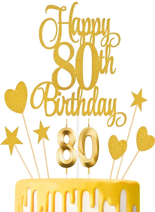 Lecferrarc 80th Birthday Cake Decorations, 80th Birthday Candles Cake Numeral Candles and Glitter Happy 80th Birthday Cake Toppers Set for Birthday Party Supplies (Gold) - Image 1