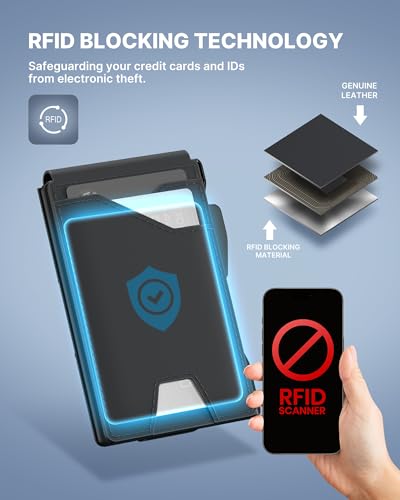 typecase محفظة تاكتيكال للرجال حاملة بطاقات: علبة بطاقات قابلة للظهور، جلد طبيعي، ذكي، مانع RFID، نحيف، بسيط، رفيع، جيب أمامي - سعة 13 بطاقة، نافذة هوية، مشبك نقود (أسود داكن) - Image 3