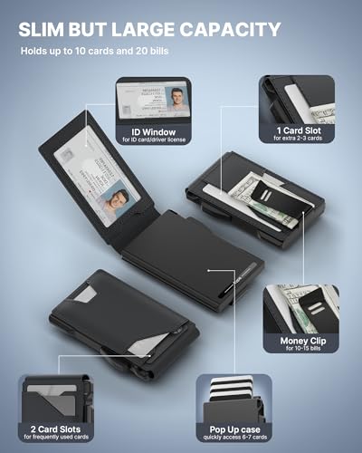 typecase محفظة تاكتيكال للرجال حاملة بطاقات: علبة بطاقات قابلة للظهور، جلد طبيعي، ذكي، مانع RFID، نحيف، بسيط، رفيع، جيب أمامي - سعة 13 بطاقة، نافذة هوية، مشبك نقود (أسود داكن) - Image 2
