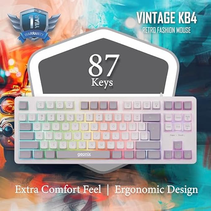 GEONIX VINTAGE KB4 RETRO STYLE CHICLET STYLE KEYBOARD WITH 87 KEYS, RAINBOW BACKLIGHT, PVC CABLE, DURABLE BODY, COMPACT & SLIM DESIGN (WHITE GREY) - Image 3