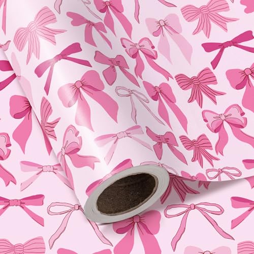 WRAPAHOLIC Pink Bow Wrapping Paper Roll Mini Roll 17 Inch x 165 Feet Pretty Pink Bow Design Perfect for Valentines Day Girls Birthday Baby Shower - Image 1