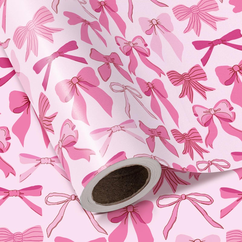 WRAPAHOLIC Pink Bow Wrapping Paper Roll Mini Roll 17 Inch x 165 Feet Pretty Pink Bow Design Perfect for Valentines Day Girls Birthday Baby Shower - Image 2