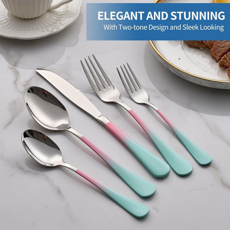 Moxinox 20-Piece pink & green Silverware Set,18/0 Stainless Steel Colorful Handle Flatware Set,Service for 4,Modern Cutlery Set Includes Dinner Knives Forks Spoons, Mirror Polished,Dishwasher Safe - Image 3